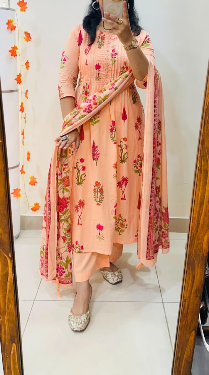 Designer kurti pant dupatta set with Pintex Hand Anchor Patra Zardozi sequin thread embroidery view 3