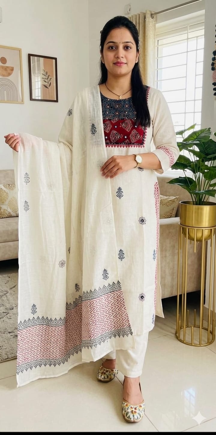 Kurti Set with Ajrakh Applique Work and Real Mirror Work