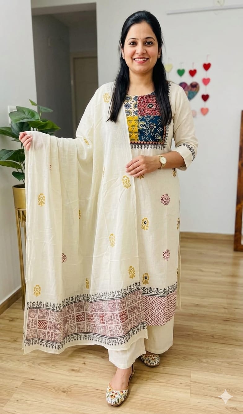 Kurti Set with Ajrakh Applique Work and Real Mirror Work