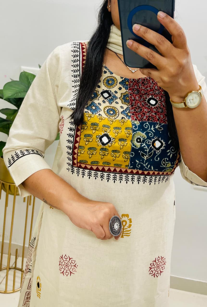 Kurti Set with Ajrakh Applique Work and Real Mirror Work view 3