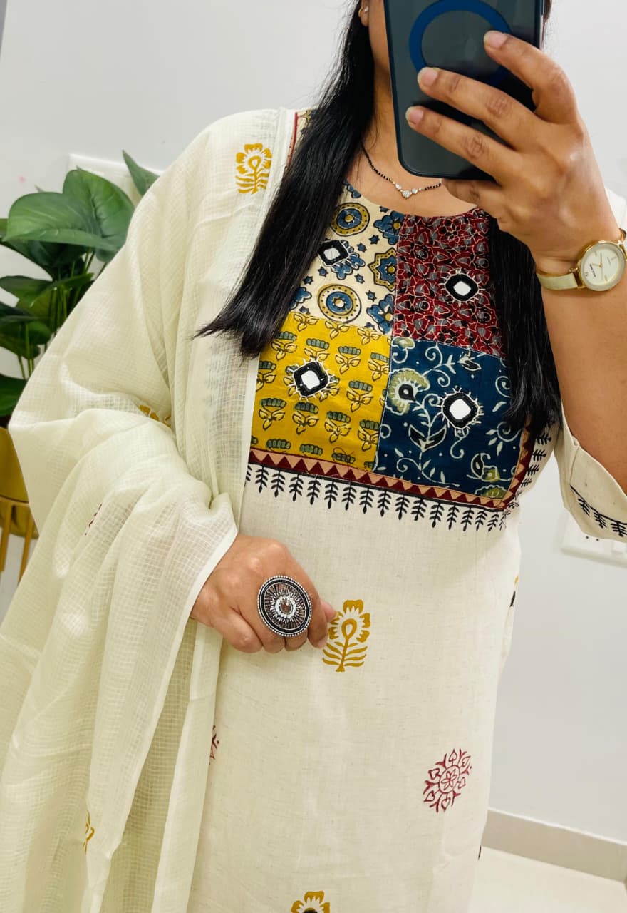 Kurti Set with Ajrakh Applique Work and Real Mirror Work view 7