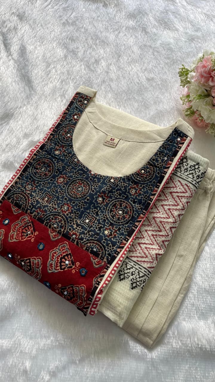 Kurti Set with Ajrakh Applique Work and Real Mirror Work view 8