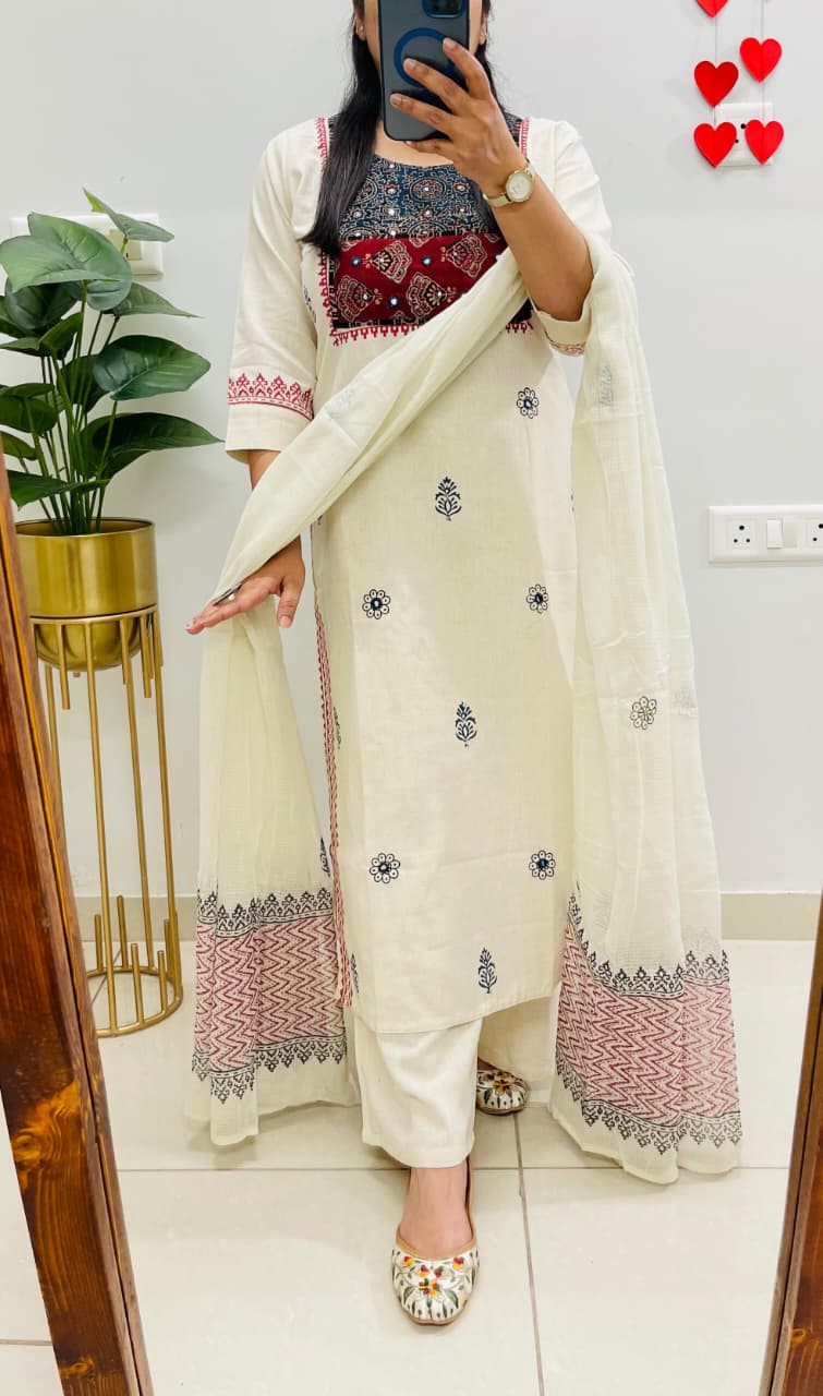 Kurti Set with Ajrakh Applique Work and Real Mirror Work view 9