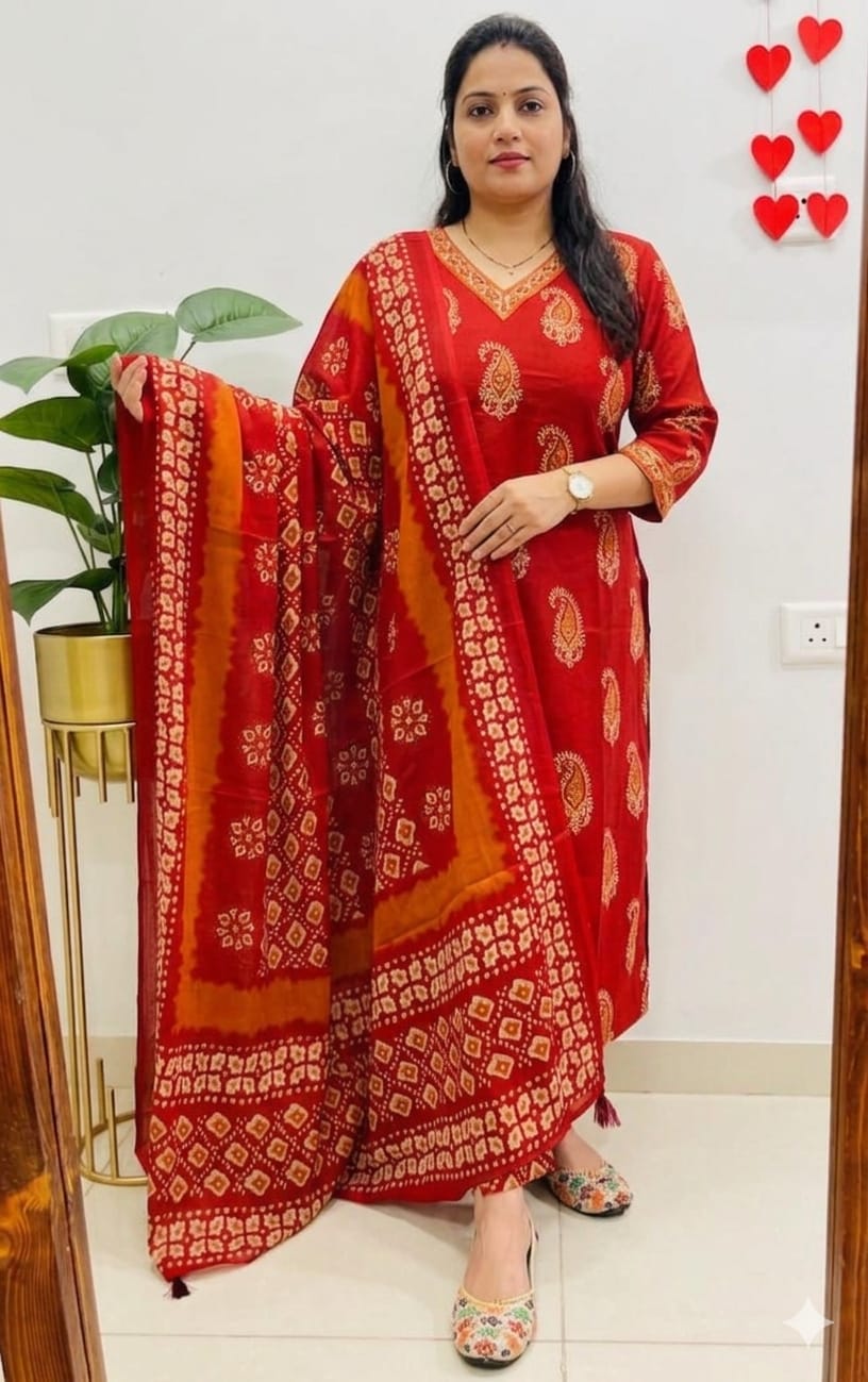 Designer V-Neck Ajrakh Print Cotton Kurti Set