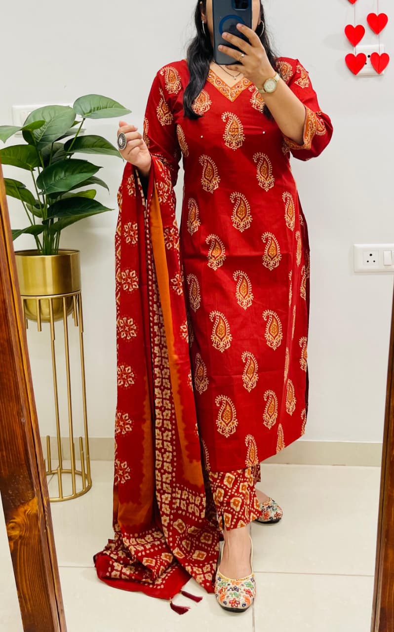 Designer V-Neck Ajrakh Print Cotton Kurti Set view 2