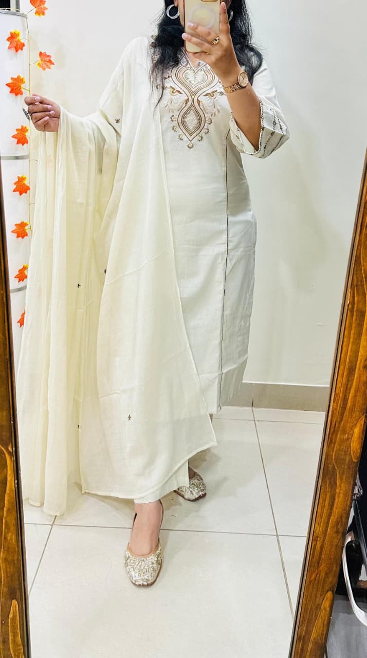 Premium Cotton Flex Designer Suit Kurti, Pant, and Dupatta Set with Rich Thread Embroidery and Butti Work