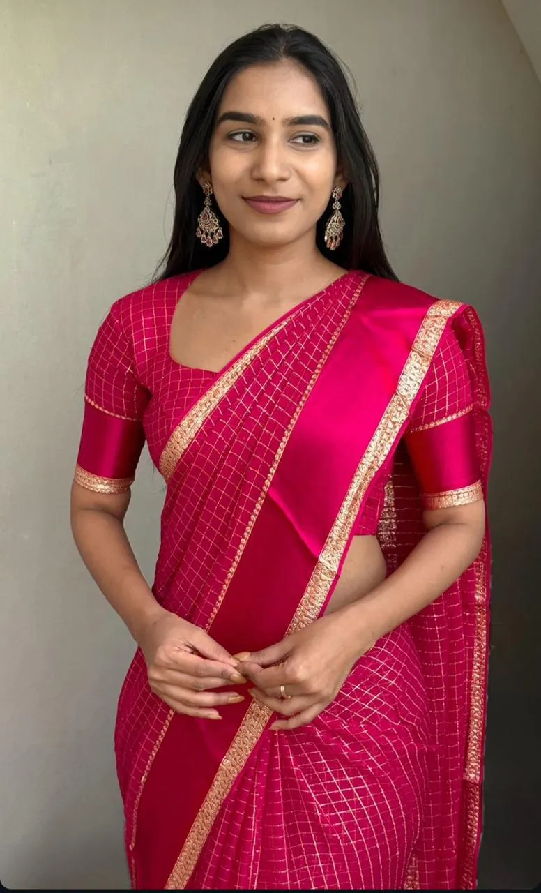 Banarasi Silk Checked Fancy Saree with Zari Pallu and Satin Border view 2