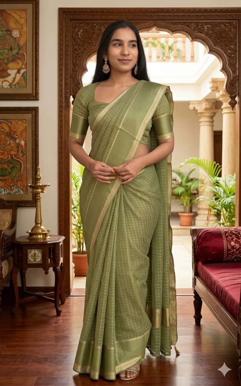 Banarasi Silk Checked Fancy Saree with Zari Pallu and Satin Border