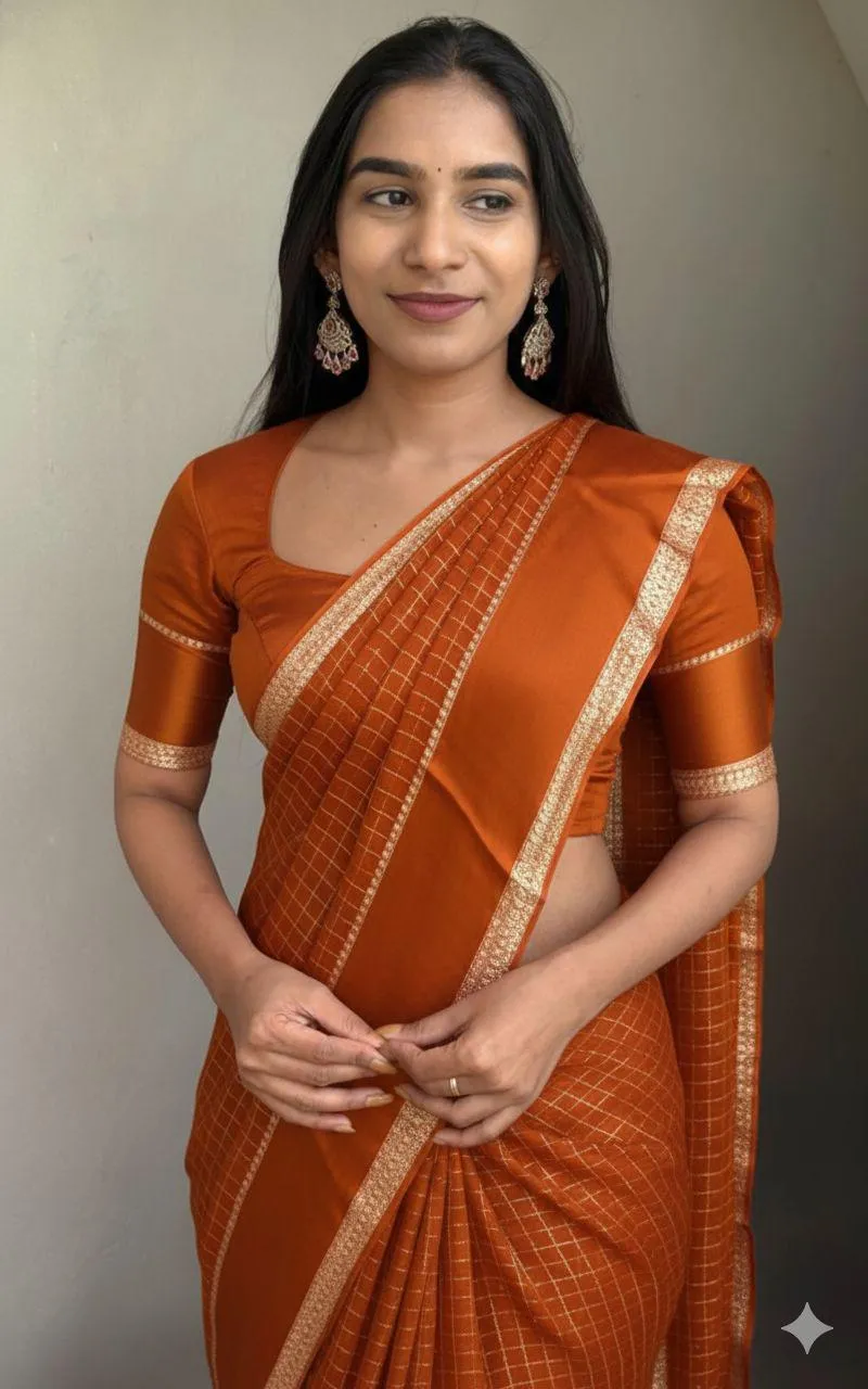 Banarasi Silk Checked Fancy Saree with Zari Pallu and Satin Border view 12