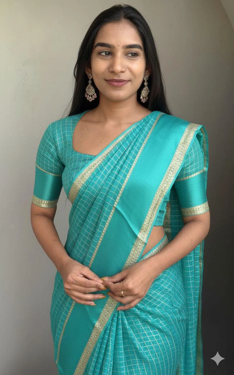 Banarasi Silk Checked Fancy Saree with Zari Pallu and Satin Border view 5