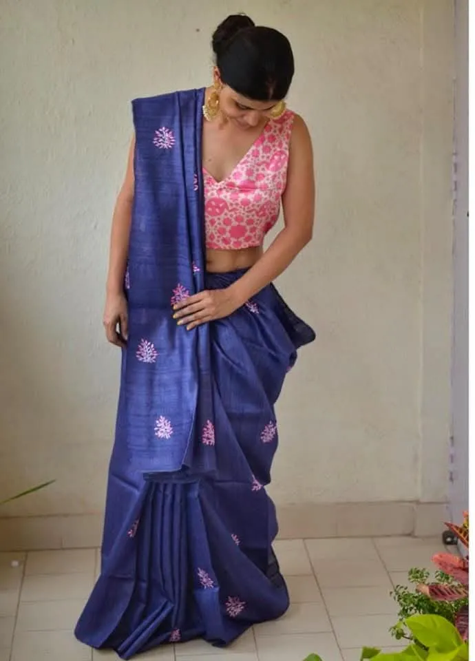 Pure Katan Silk Saree with Computer Embroidery and Running Blouse view 14