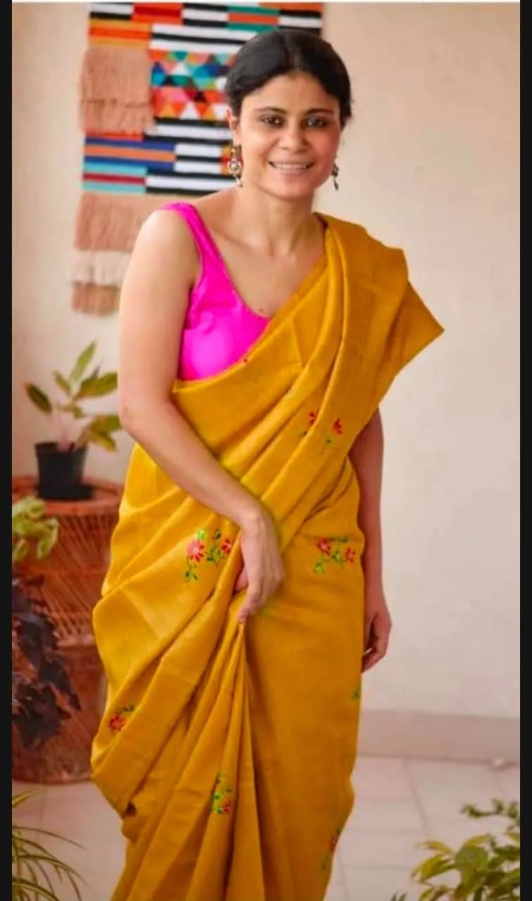 Pure Katan Silk Saree with Computer Embroidery and Running Blouse view 3