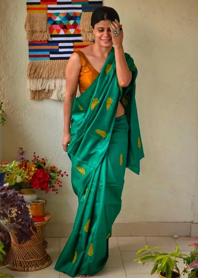 Pure Katan Silk Saree with Computer Embroidery and Running Blouse view 4