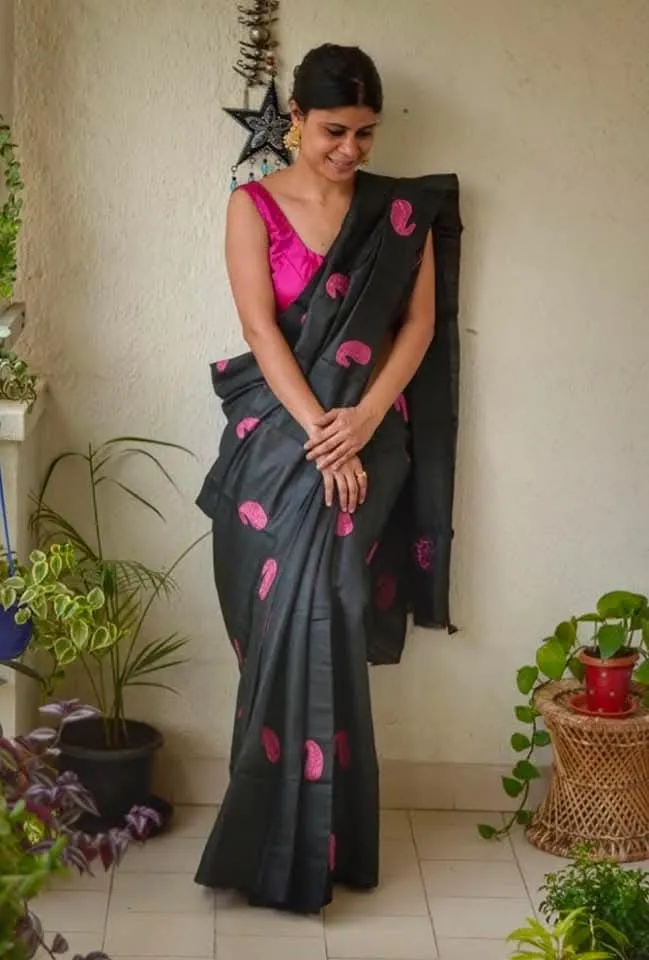 Pure Katan Silk Saree with Computer Embroidery and Running Blouse view 7