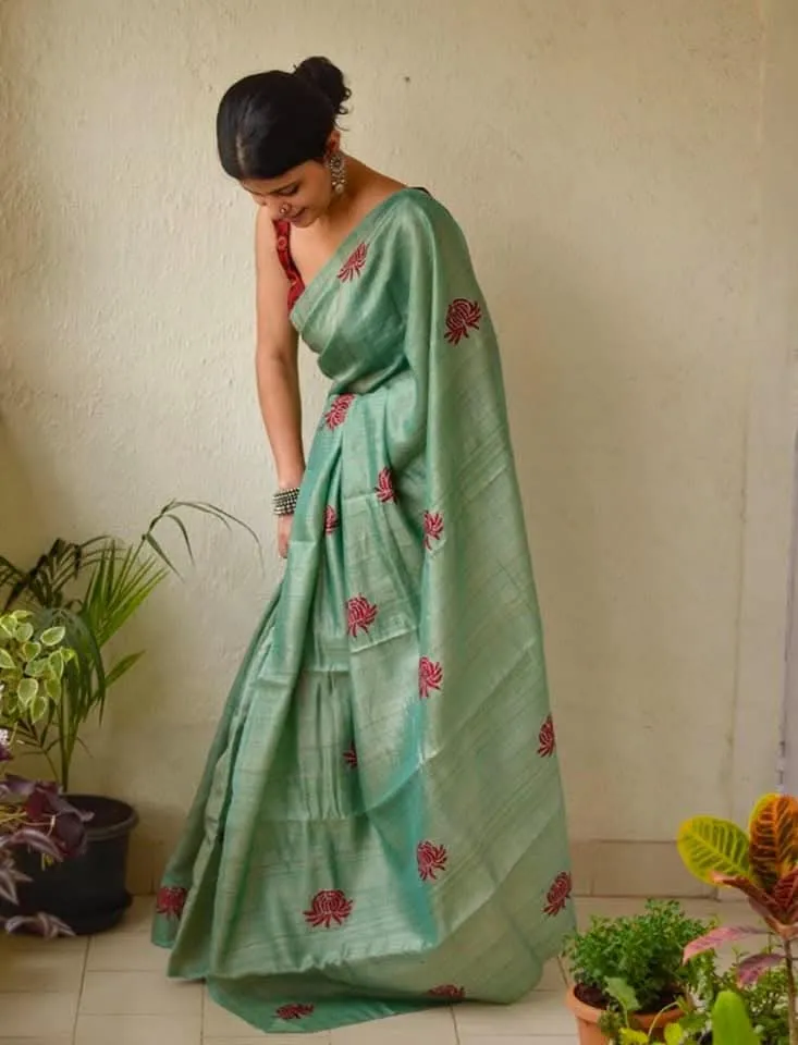 Pure Katan Silk Saree with Computer Embroidery and Running Blouse view 8