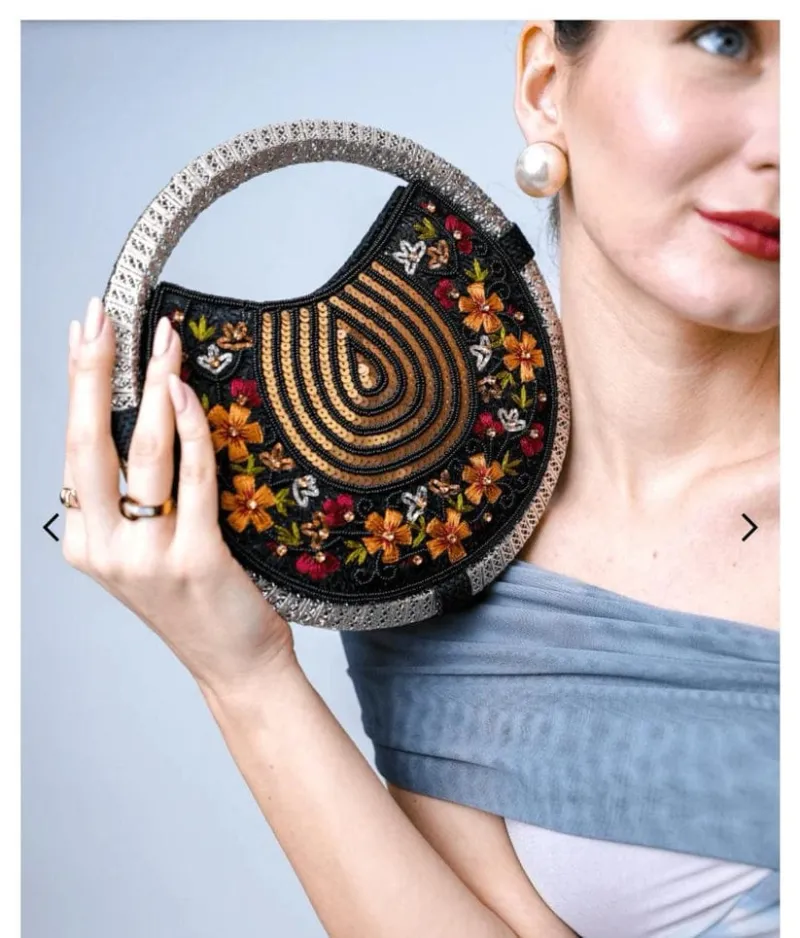 Unique Shaped Circular Whirl Handbag with Intricate Embroidery