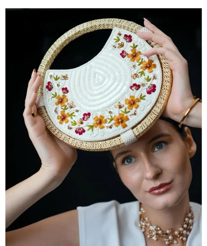 Unique Shaped Circular Whirl Handbag with Intricate Embroidery view 6