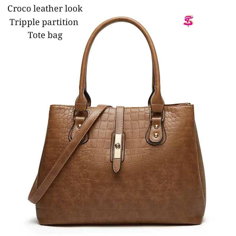 Imported Tote Bag with Triple Partitions in Heavy Quality Croco Leather Look view 2