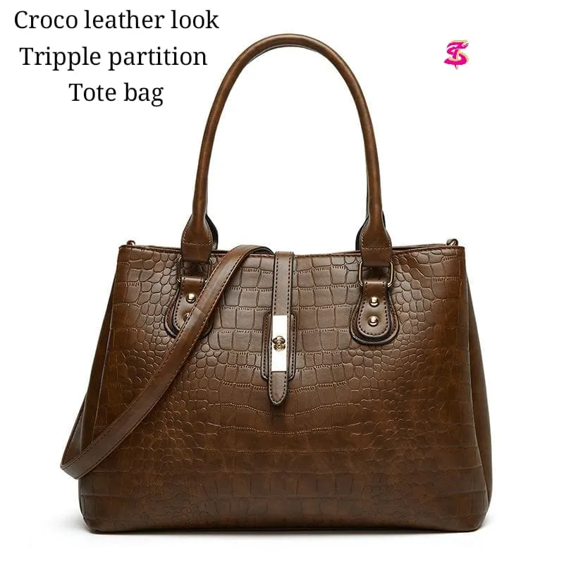 Imported Tote Bag with Triple Partitions in Heavy Quality Croco Leather Look view 4