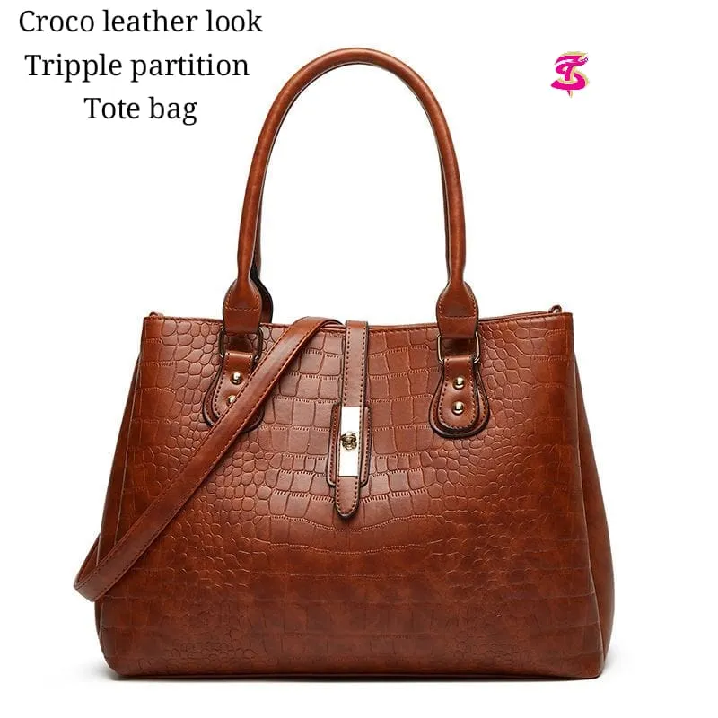 Imported Tote Bag with Triple Partitions in Heavy Quality Croco Leather Look
