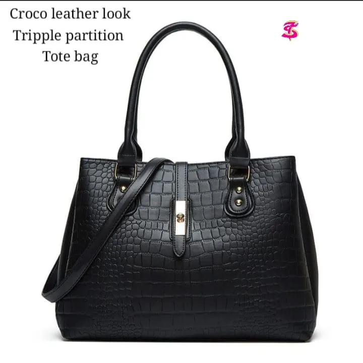 Imported Tote Bag with Triple Partitions in Heavy Quality Croco Leather Look view 7