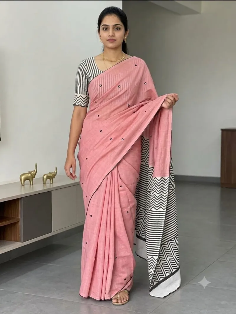 High-Quality Linen Saree with Striped Pallu and Digital Work