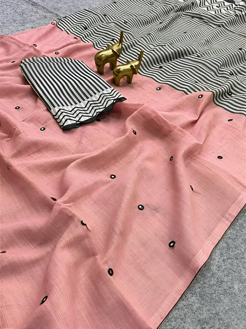 High-Quality Linen Saree with Striped Pallu and Digital Work