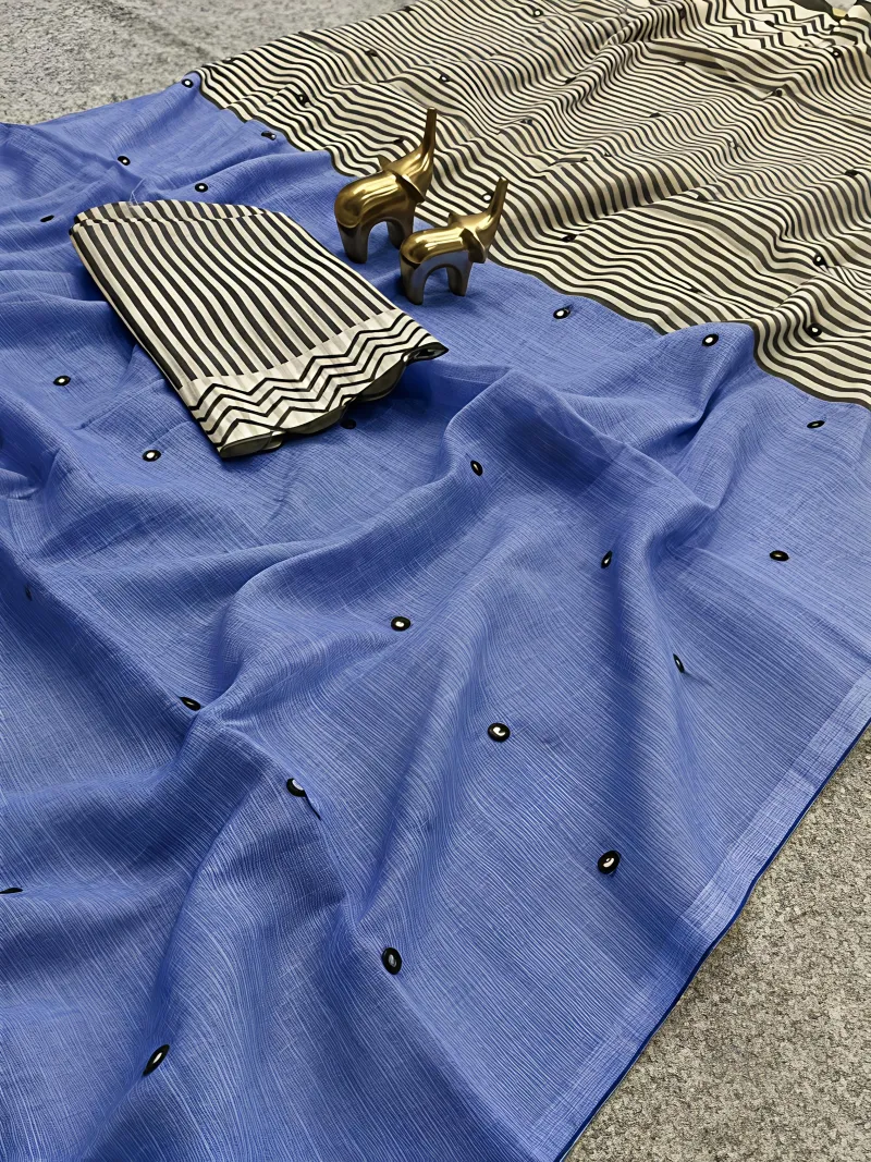 High-Quality Linen Saree with Striped Pallu and Digital Work view 3