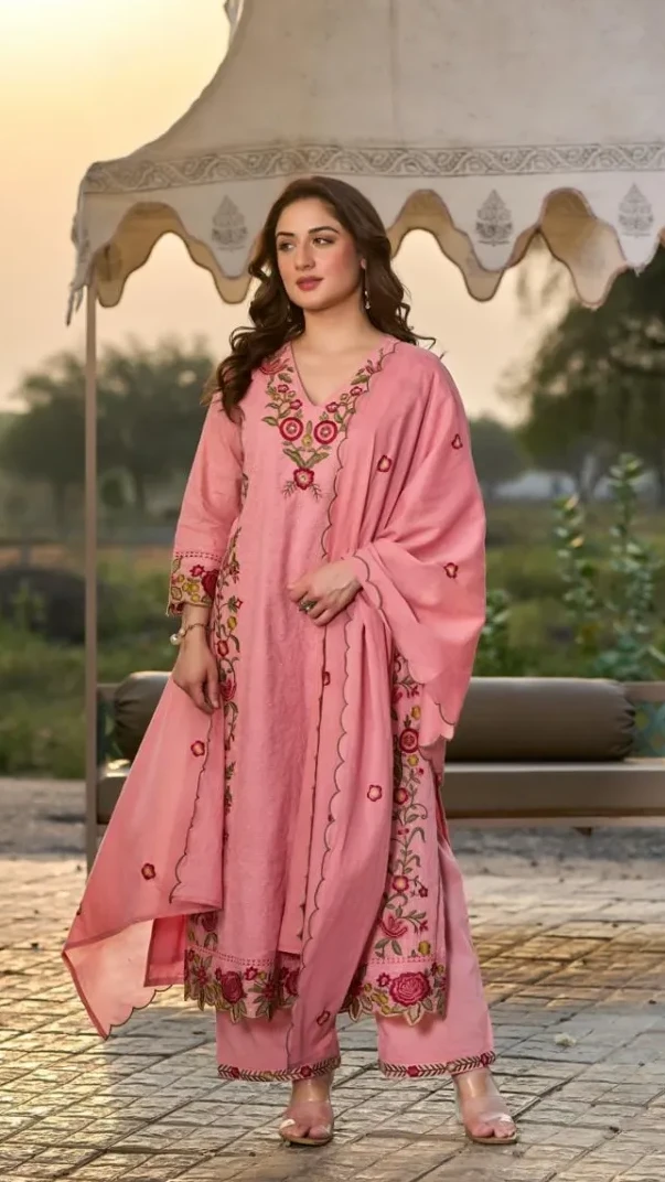 Three-Piece Cotton Embroidered Straight Kurti Set view 5
