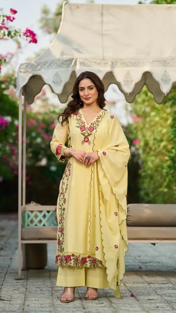 Three-Piece Cotton Embroidered Straight Kurti Set view 6