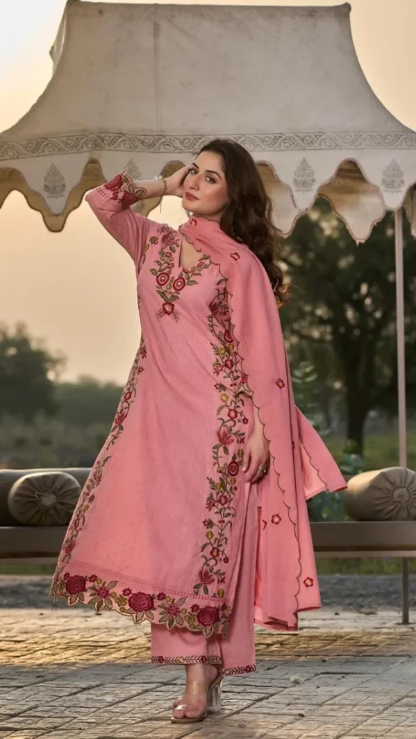 Three-Piece Cotton Embroidered Straight Kurti Set view 7