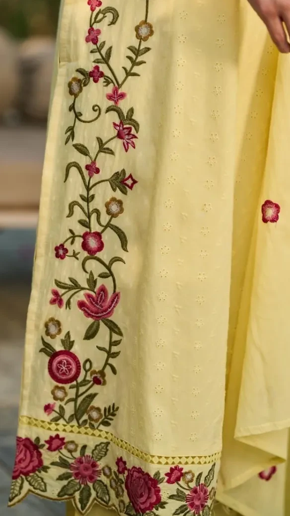 Three-Piece Cotton Embroidered Straight Kurti Set view 8