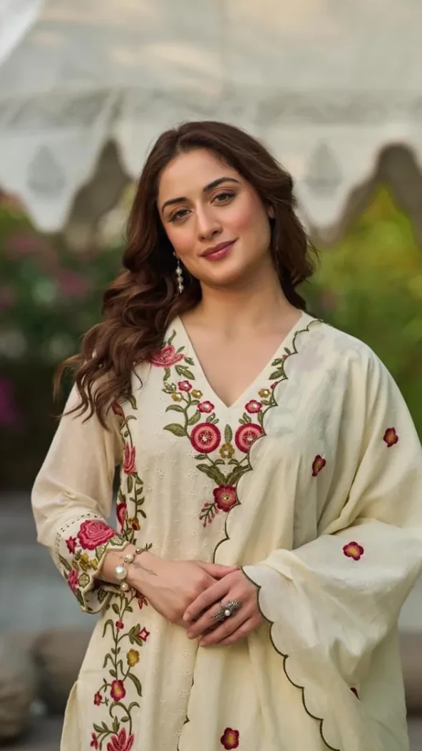 Three-Piece Cotton Embroidered Straight Kurti Set view 9