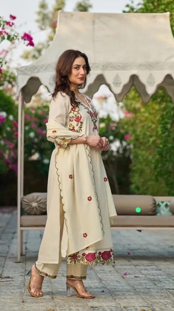 Three-Piece Cotton Embroidered Straight Kurti Set view 12