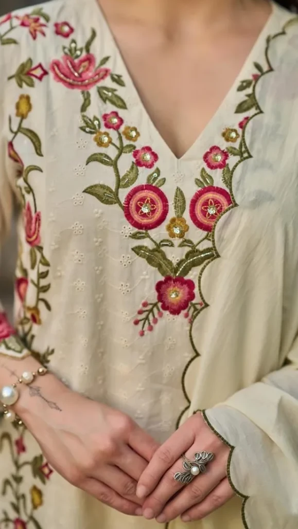 Three-Piece Cotton Embroidered Straight Kurti Set view 13