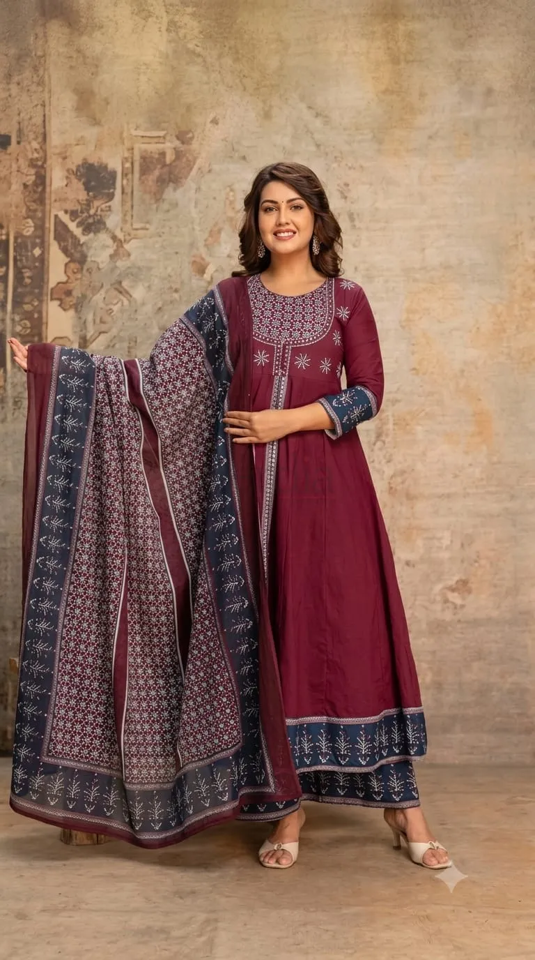 Premium Cotton Long Anarkali Suit with Double Layer Flair and Mirror Work