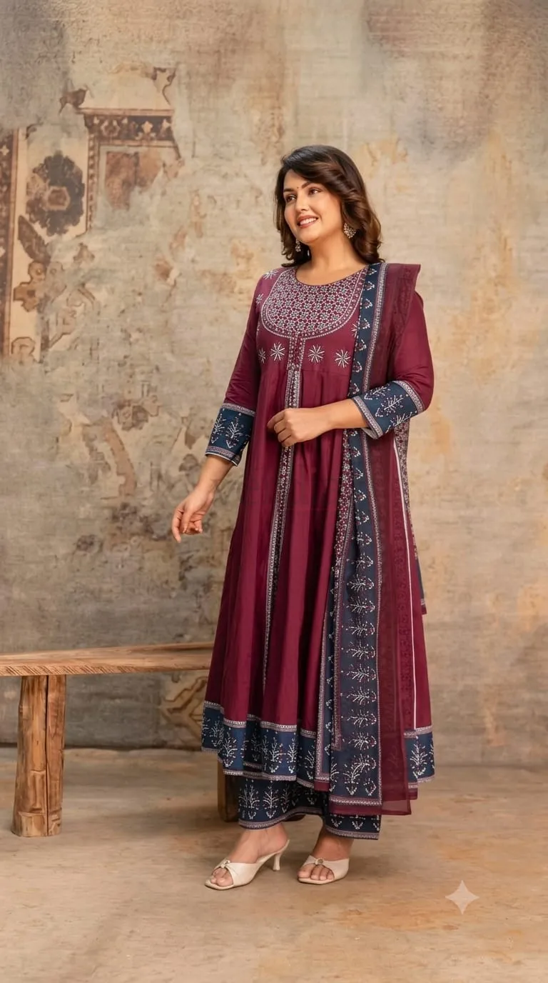 Premium Cotton Long Anarkali Suit with Double Layer Flair and Mirror Work view 2