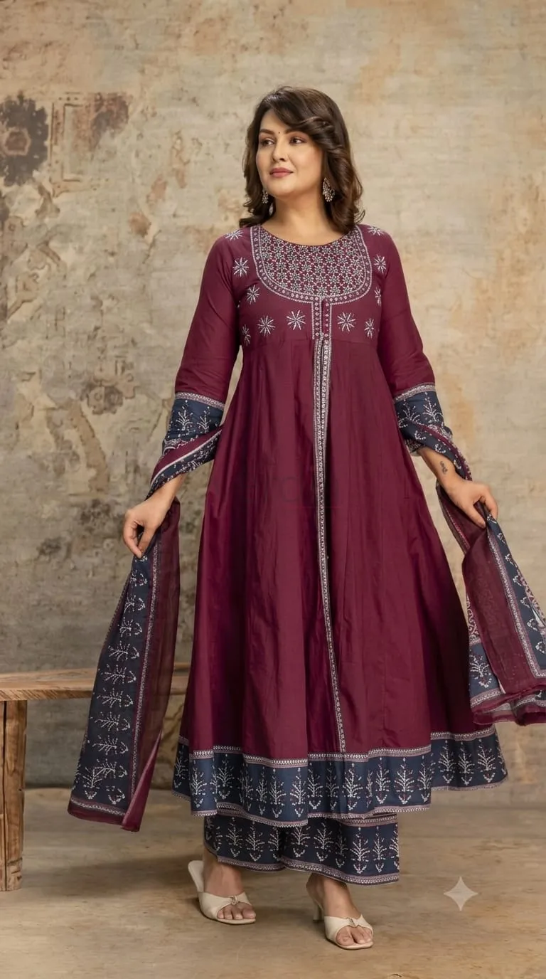 Premium Cotton Long Anarkali Suit with Double Layer Flair and Mirror Work view 3
