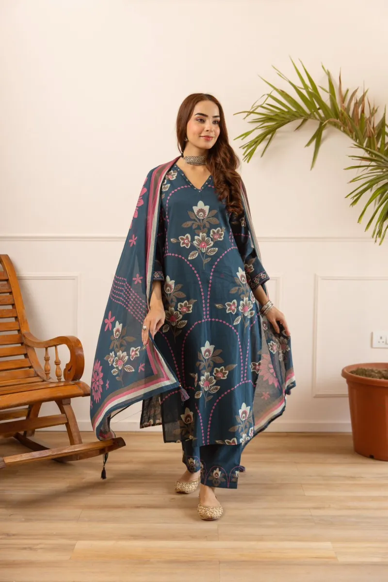 Pure and Premium Cotton Kurti Set with Printed Dupatta and Cotton Palazzo view 2