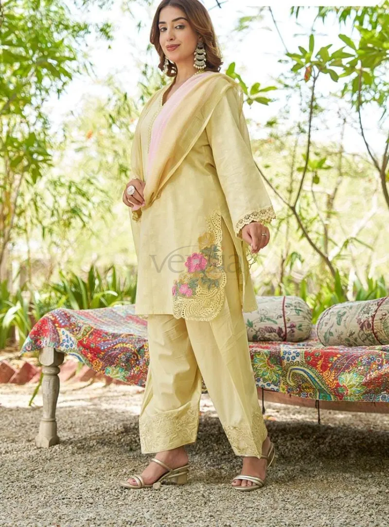 Designer Cotton Three Piece Kurti Set with Embroidery view 11