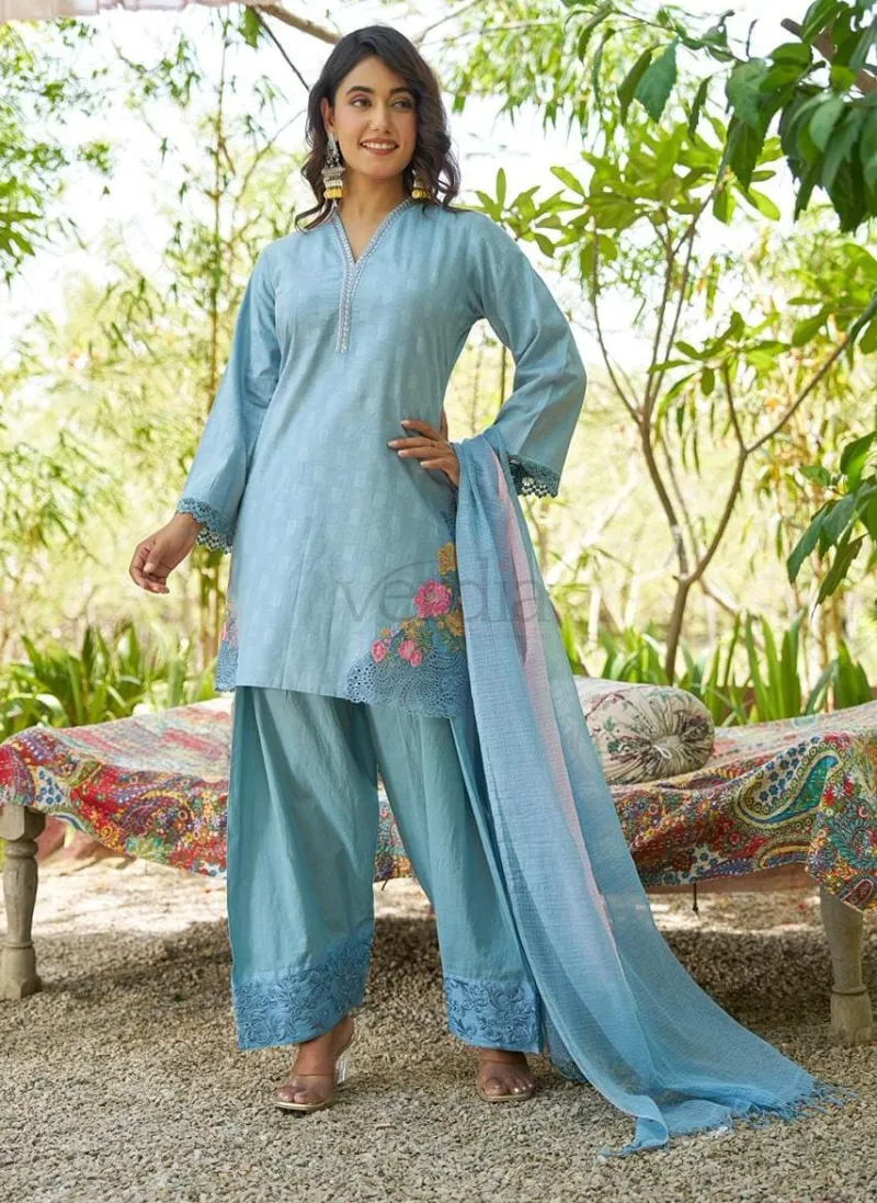 Designer Cotton Three Piece Kurti Set with Embroidery view 10