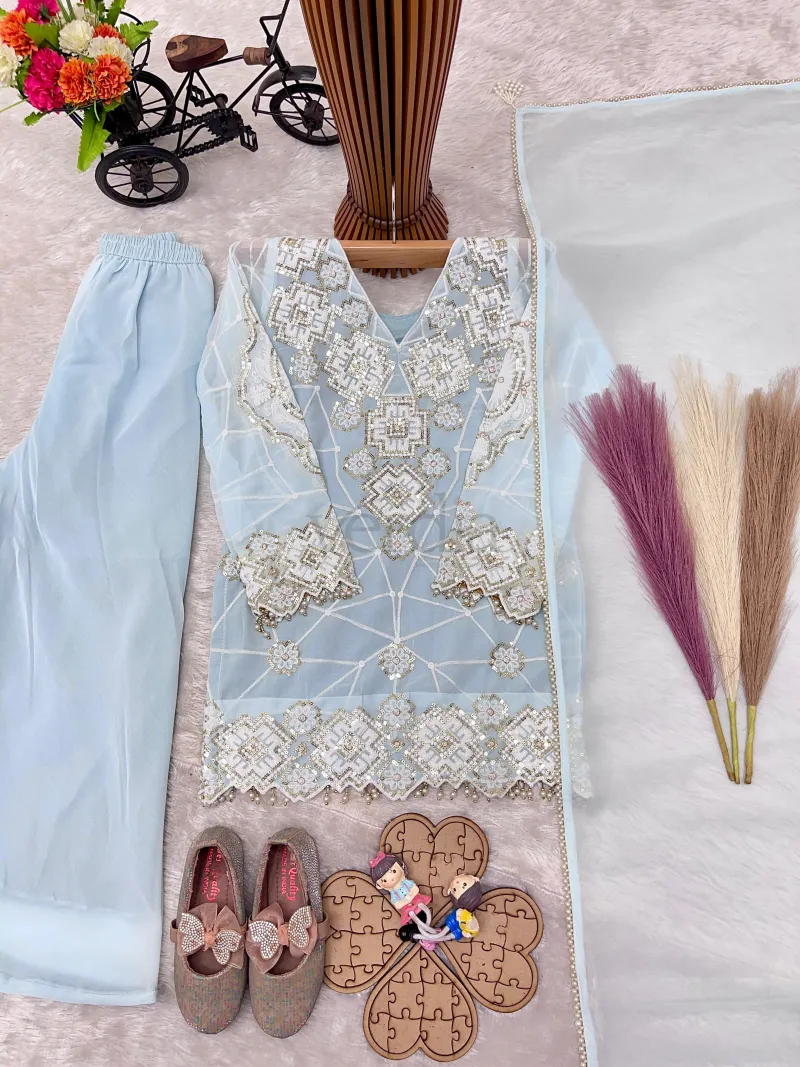 Designer Party Wear Georgette Kurti Set with Palazzo & Dupatta view 2