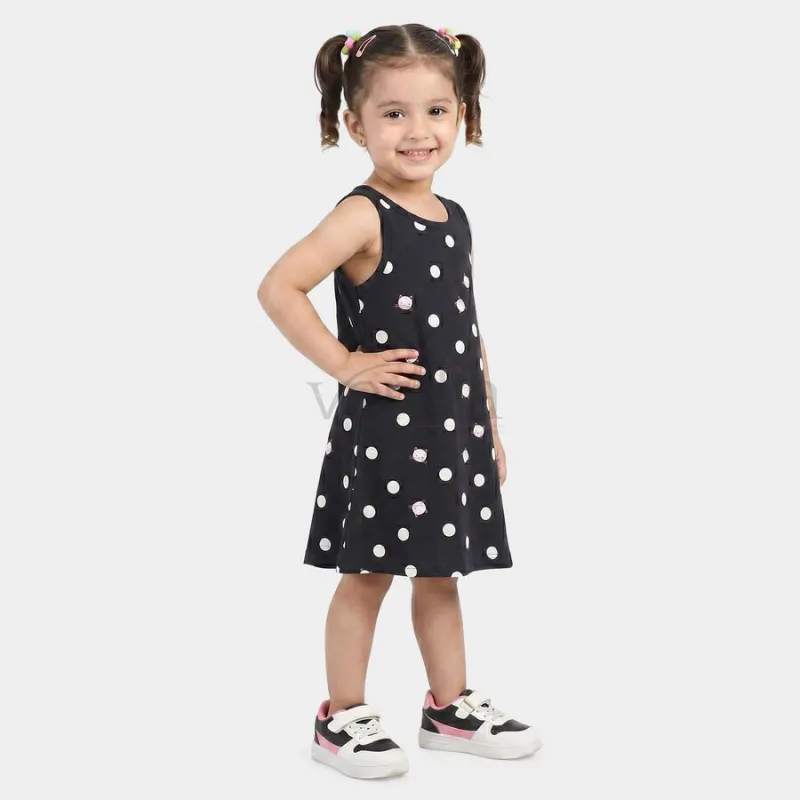 Hand Print Girls' Navy Blue A-Line Polka Dot Printed Frock