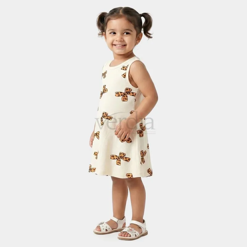 Hand Print Girls' Off White A-Line Bow Printed Sleeveless Frock