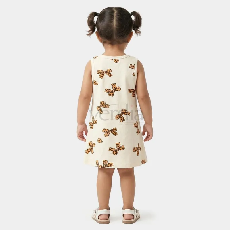 Hand Print Girls' Off White A-Line Bow Printed Sleeveless Frock view 3