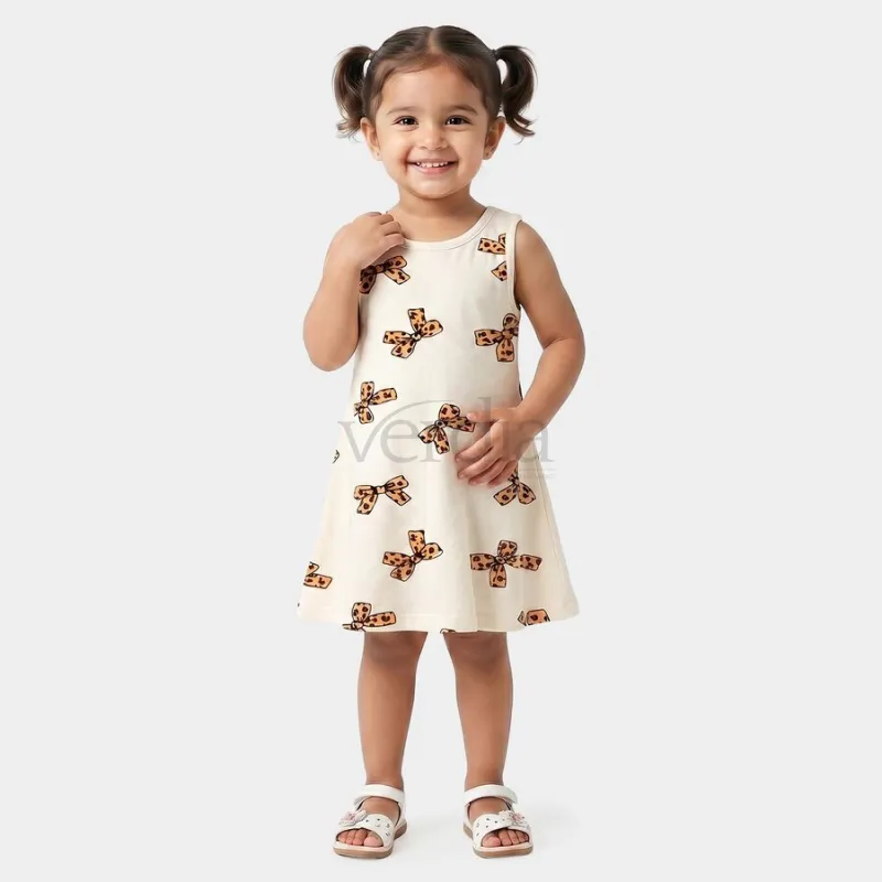 Hand Print Girls' Off White A-Line Bow Printed Sleeveless Frock view 5