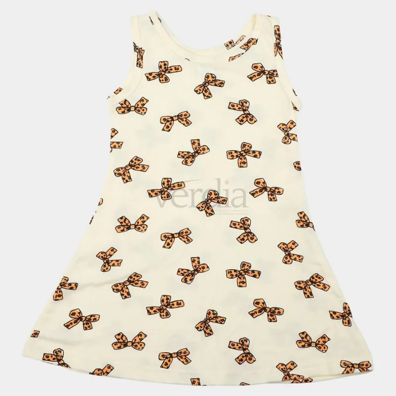 Hand Print Girls' Off White A-Line Bow Printed Sleeveless Frock view 6
