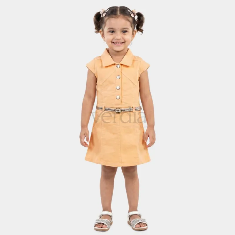 Hand Print Girls' Peach A-Line Belted Shirt Collar Frock