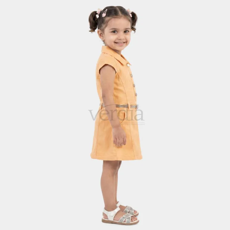 Hand Print Girls' Peach A-Line Belted Shirt Collar Frock