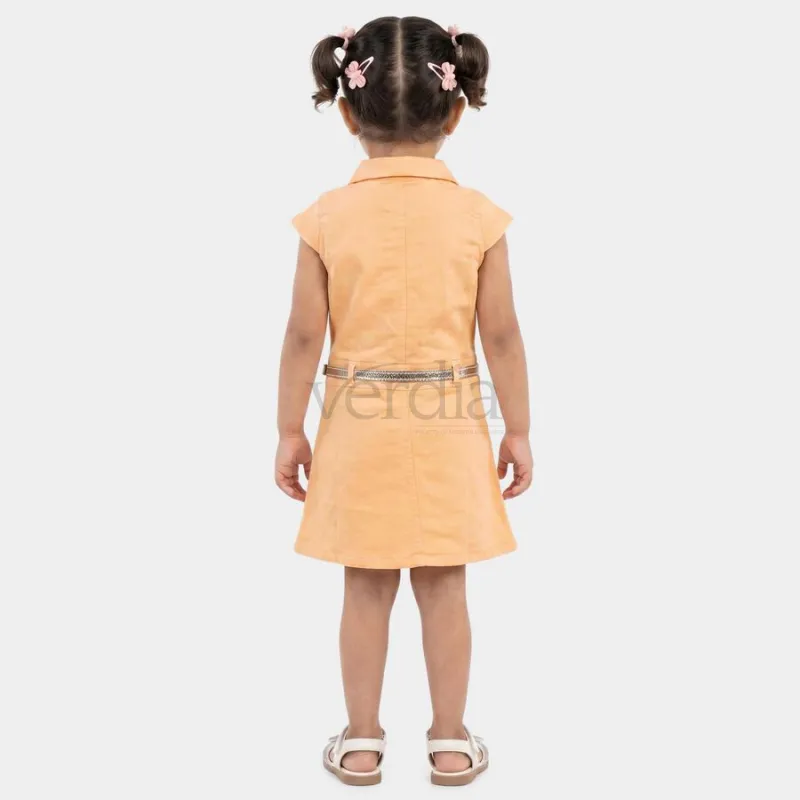 Hand Print Girls' Peach A-Line Belted Shirt Collar Frock view 3